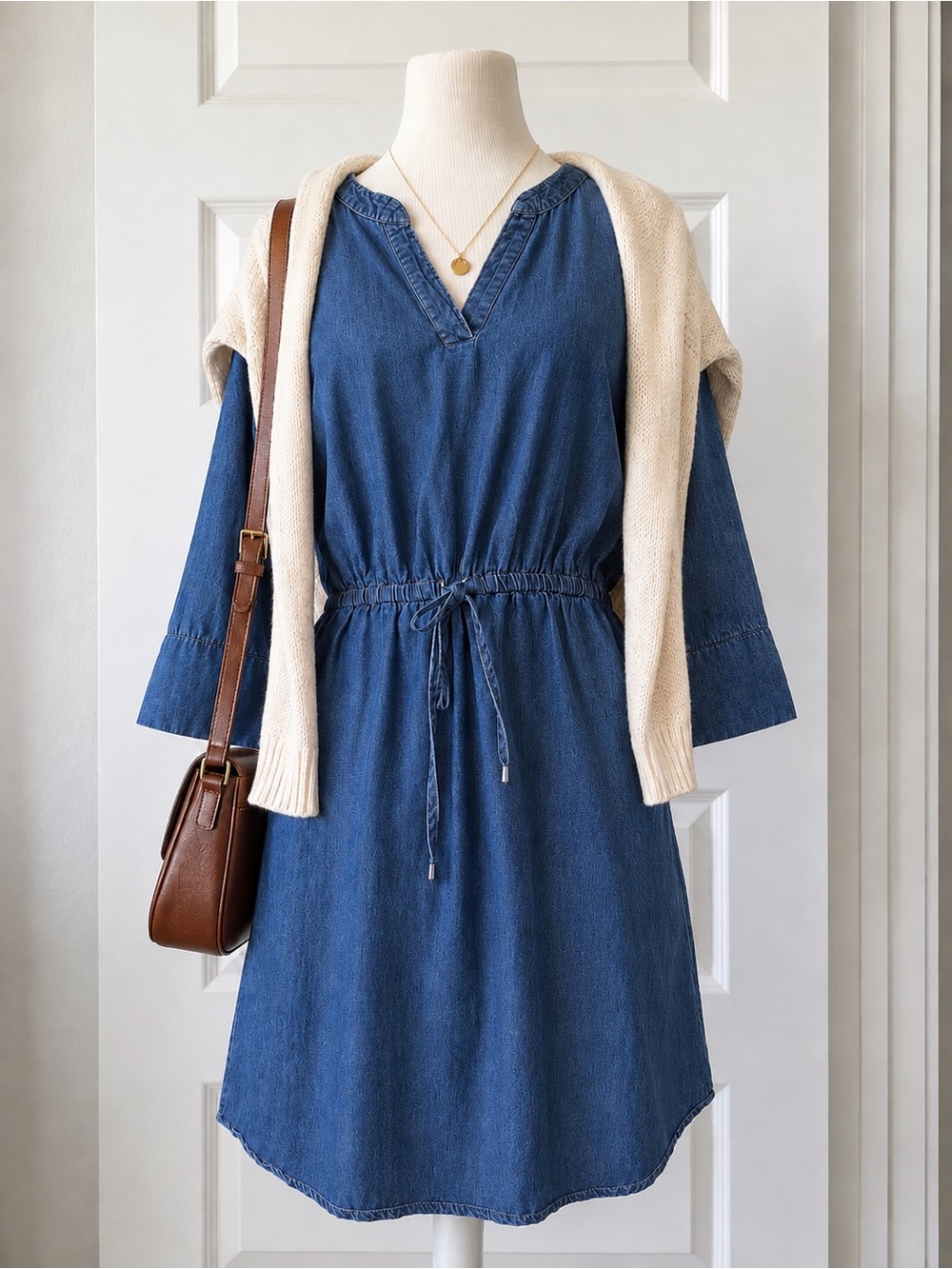 Sauci Plus Denim Chambray Dress 2X Blue Elastic Waist Drawstring 3/4 Sleeve